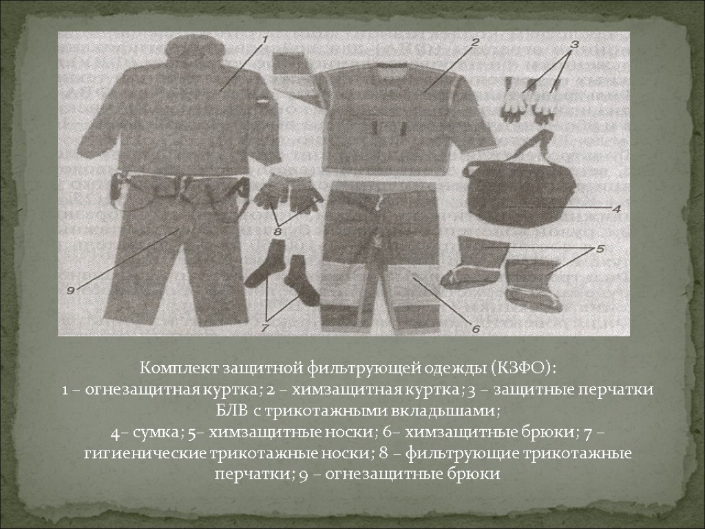 Комплект защитной фильтрующей одежды (КЗФО): 1 – огнезащитная куртка; 2 – химзащитная куртка; 3